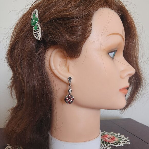 925 SILVER ART DECO STYLE EAR RINGS WITH GARNET AND MARCASITES. - Picture 2 of 7